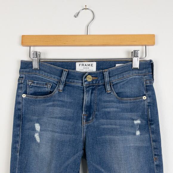 FRAME Le Skinny de Jeanne Jeans 25 Medium Wash Distressed Raw Hem USA - Picture 2 of 9